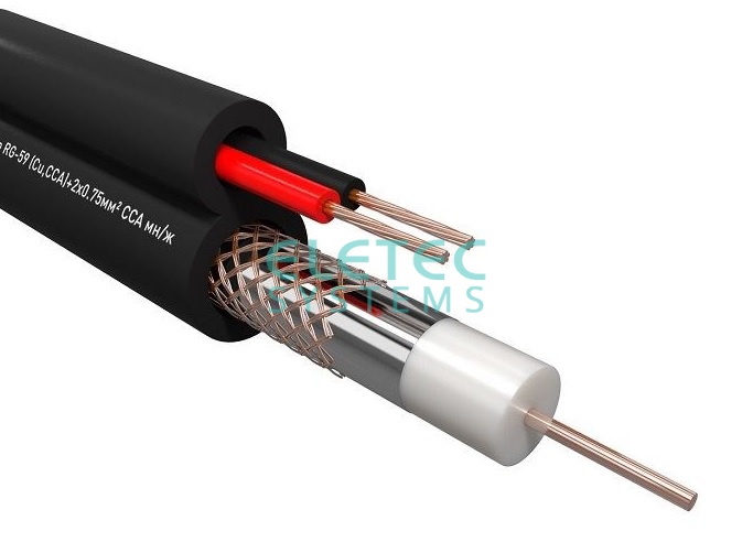 Кабель комбинированный ЭЛЕТЕК RG59 ССА+2x0.75 мм2 75 Ом, плоский, черный, 200 м